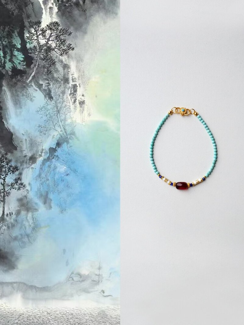 原创手工原矿绿松石血珀手链方糖青金石s925银手串生日礼物 - 手链/手环 - 玉石 绿色