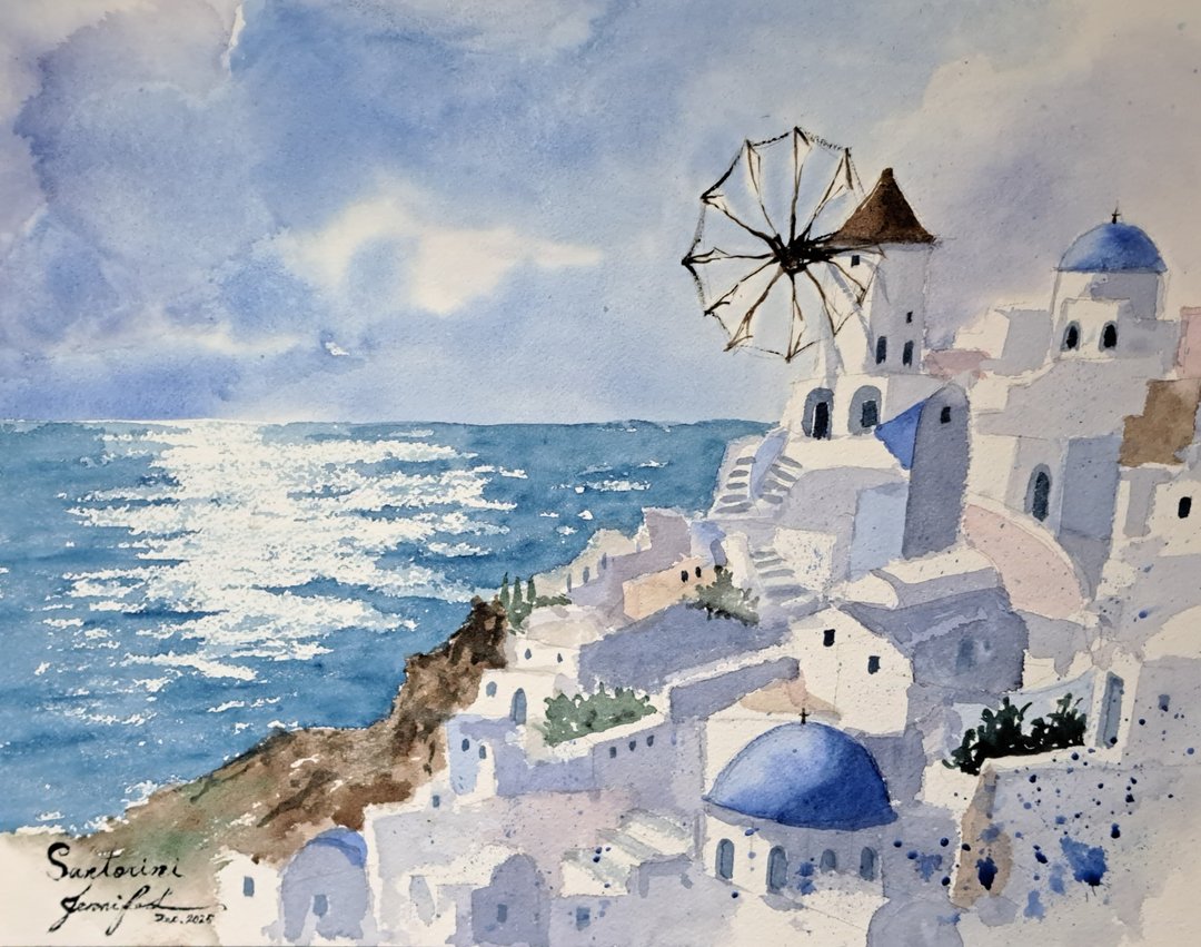 希腊圣托里尼手绘水彩画 (含画框) - 海报/装饰画/版画 - 纸 