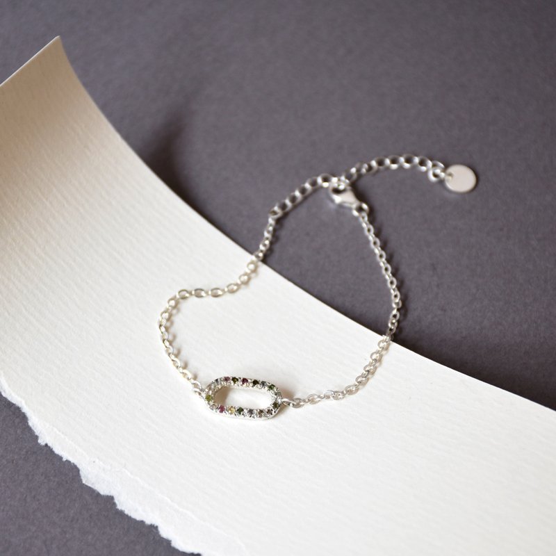 简约天然彩色电气石吊坠配925银手链 // 碧玺 // 十月份生日石 - 手链/手环 - 宝石 多色