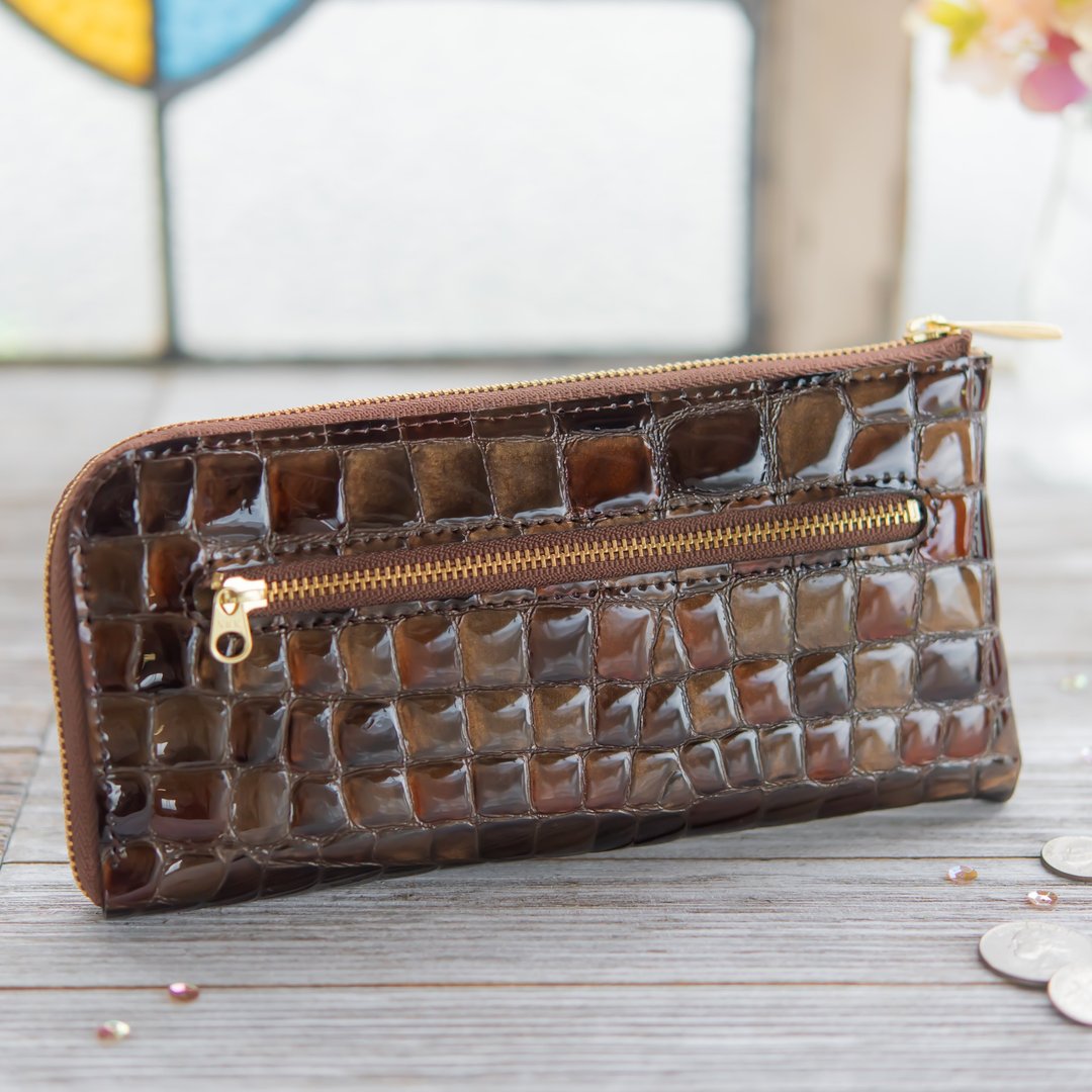 Made in Japan Cowhide zippers L-shaped zippers Colored glass coconut brown made in JAPAN handmade leather wallet - 皮夹/钱包 - 真皮 咖啡色