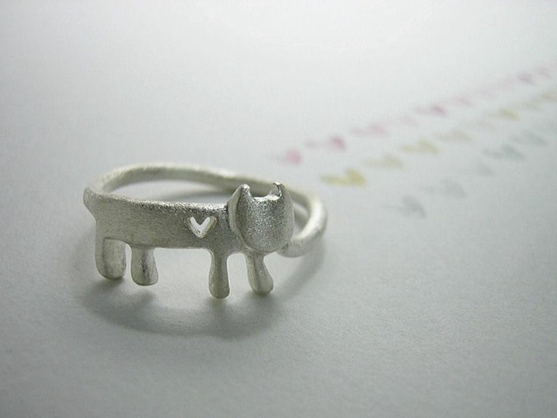 meow looking for the heart ( cat heart silver ring 貓 猫 心 指杯 銀 ) - 戒指 - 纯银 银色