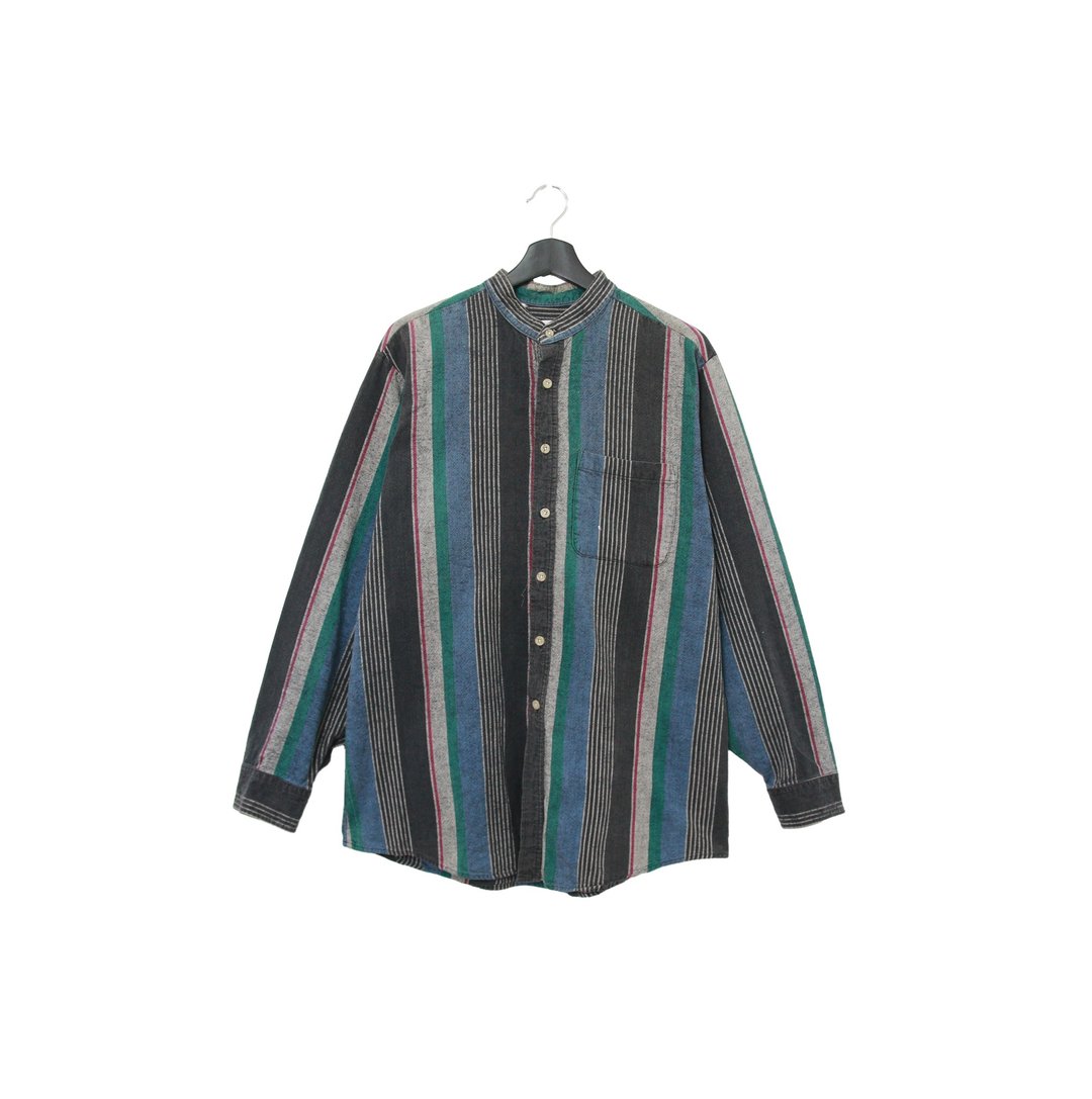 Back to Green- 长袖条纹衬衫 水洗黑蓝灰中山领 vintage shirt - 男装衬衫 - 棉．麻 