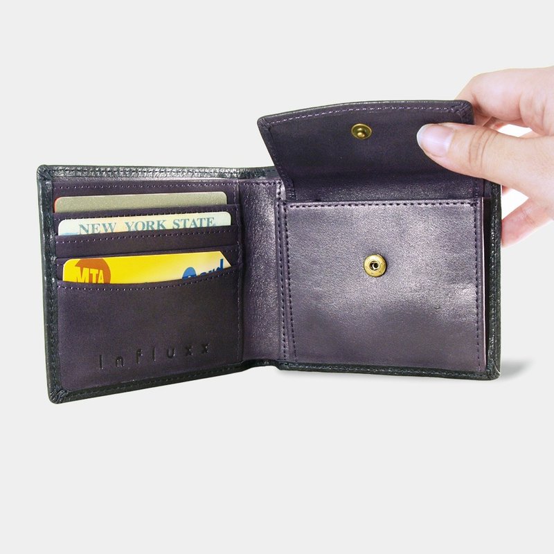 蒙太奇 牛皮双钞票零钱对折短夹 - 外蓝黑, 内紫(可加购雷雕刻字) - 皮夹/钱包 - 真皮 蓝色