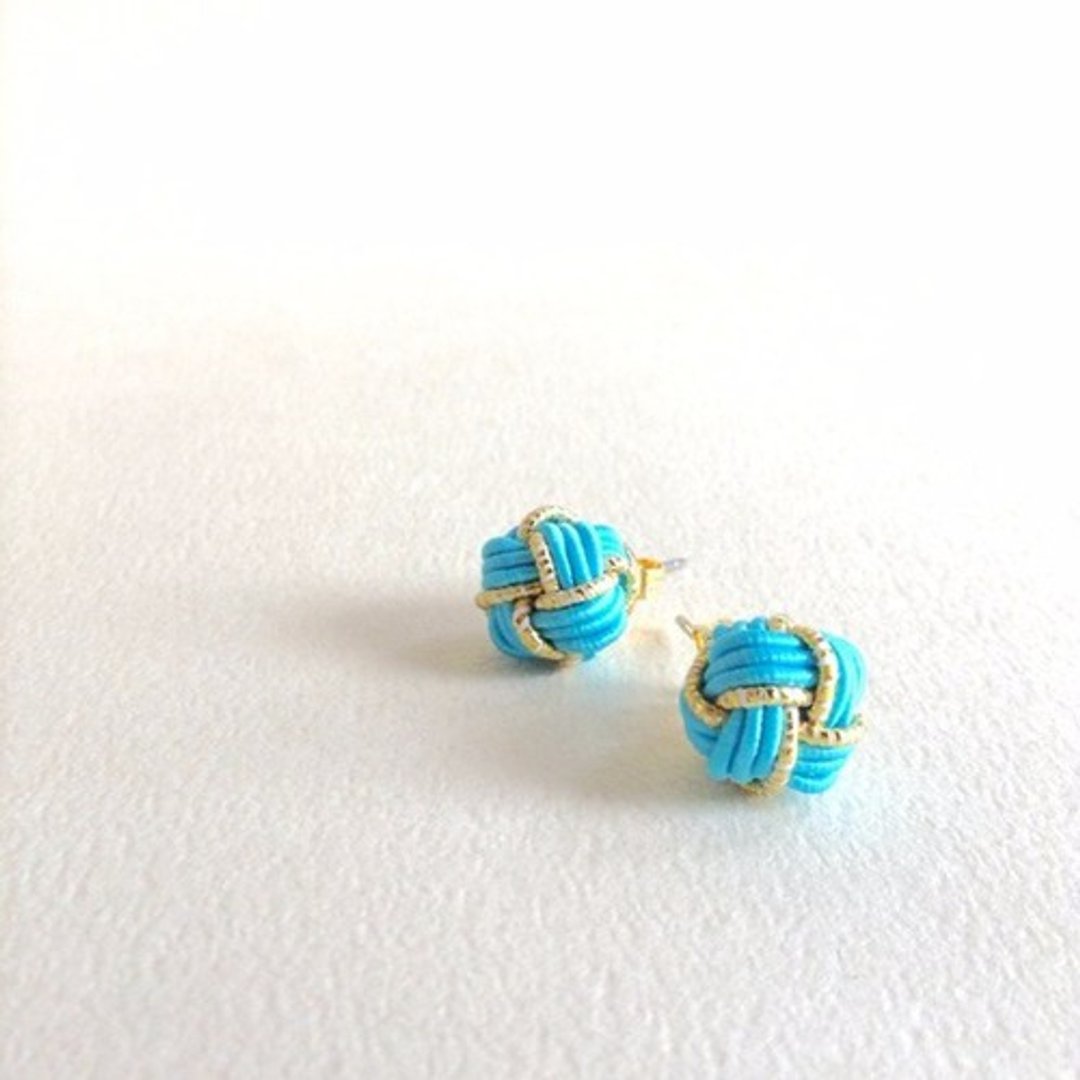 Earrings [Turquoise Gold] Mizuhiki Bicolor Ball Oriental Japanese Style - 耳环/耳夹 - 其他材质 蓝色