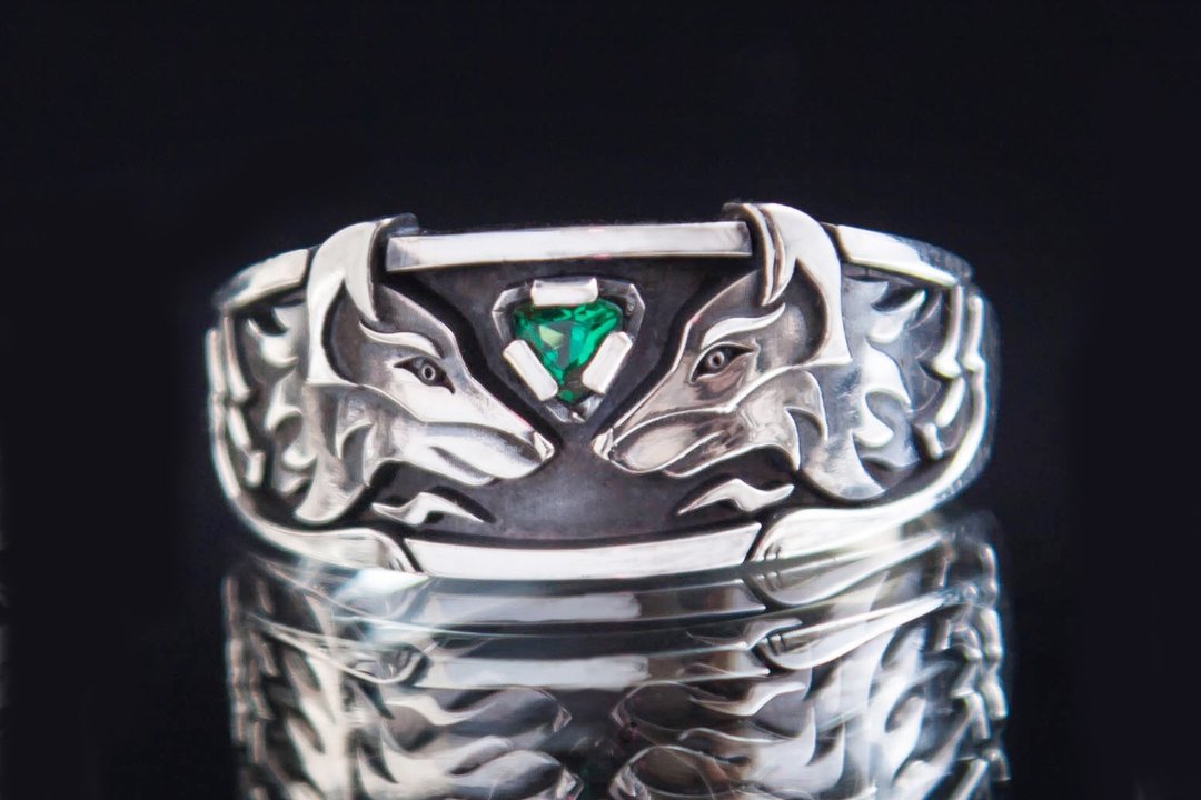 Silver ring tow foxes with gem stone - 戒指 - 纯银 银色