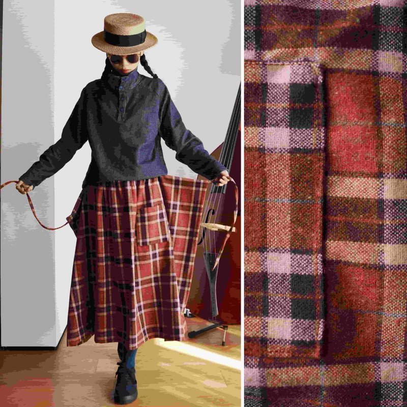 復古紅格羊毛呢 N種變化的系繩長裙 冬季保暖廓形半身裙 - 裙子 - 羊毛 红色