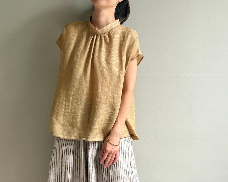 流金岁月/金黄色高级纯棉提花半高领/高立领法式袖短袖上衣 - 女装背心 - 棉．麻 金色