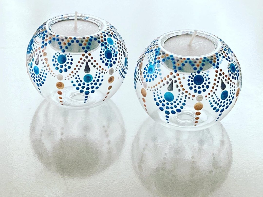 Candle Holder Dot Mandala Tea Candle Set of 2 - 蜡烛/烛台 - 玻璃 蓝色