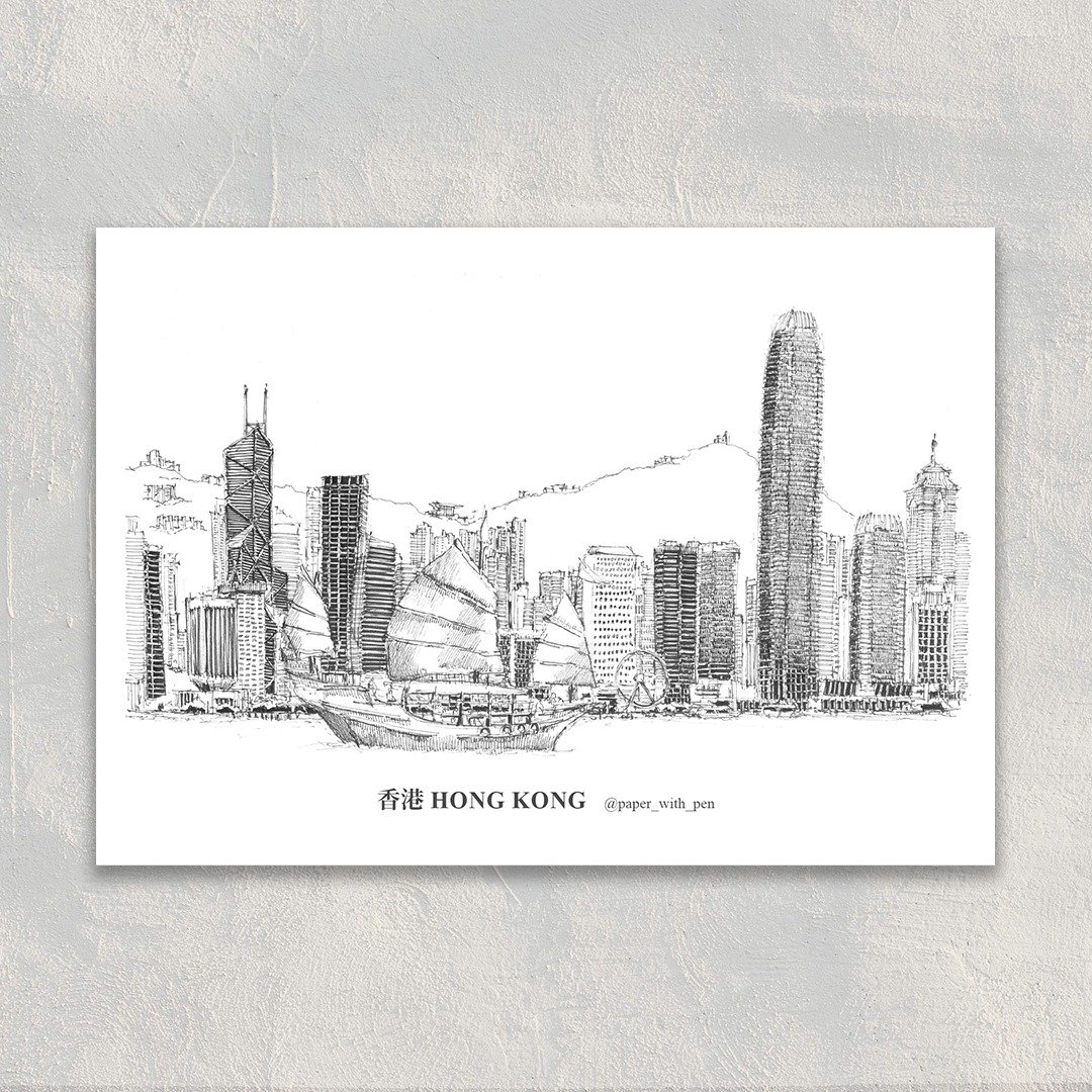 A6 Hong Kong Postcard 香港手绘街景明信片: 维港 - 卡片/明信片 - 纸 