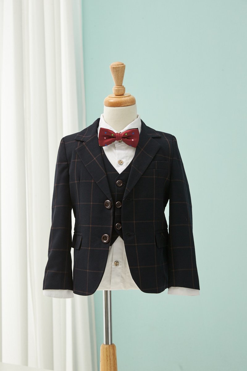 HAO.HAO kids 大方格纹西装-卡其格纹黑(三件组) - 童装礼服/连衣裙 - 其他材质 黑色
