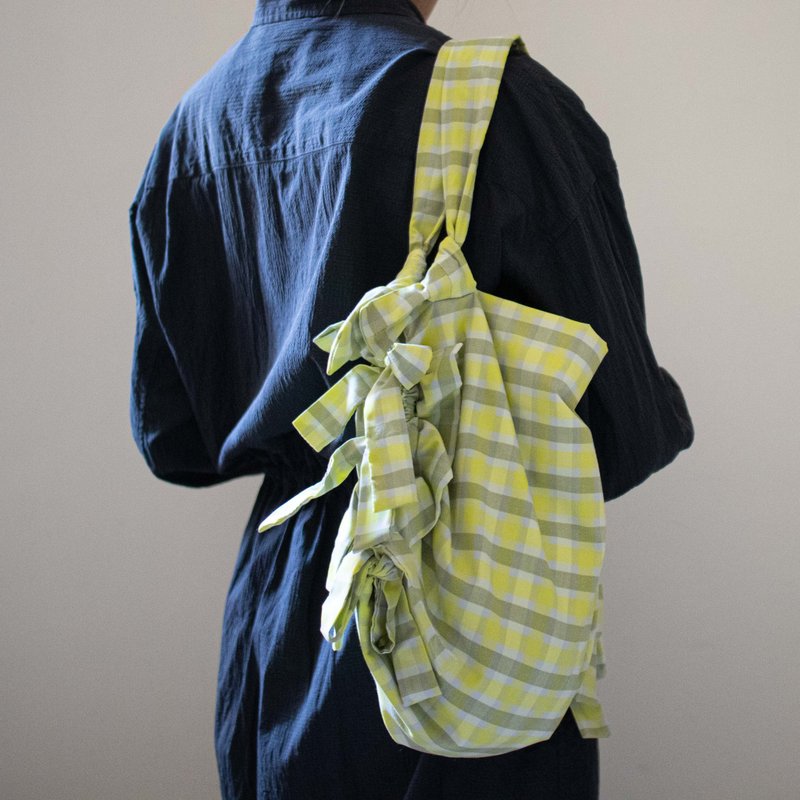 蝴蝶结系带托特包 Ribbon Tote (S) | 格纹黄灰 - 侧背包/斜挎包 - 棉．麻 黄色
