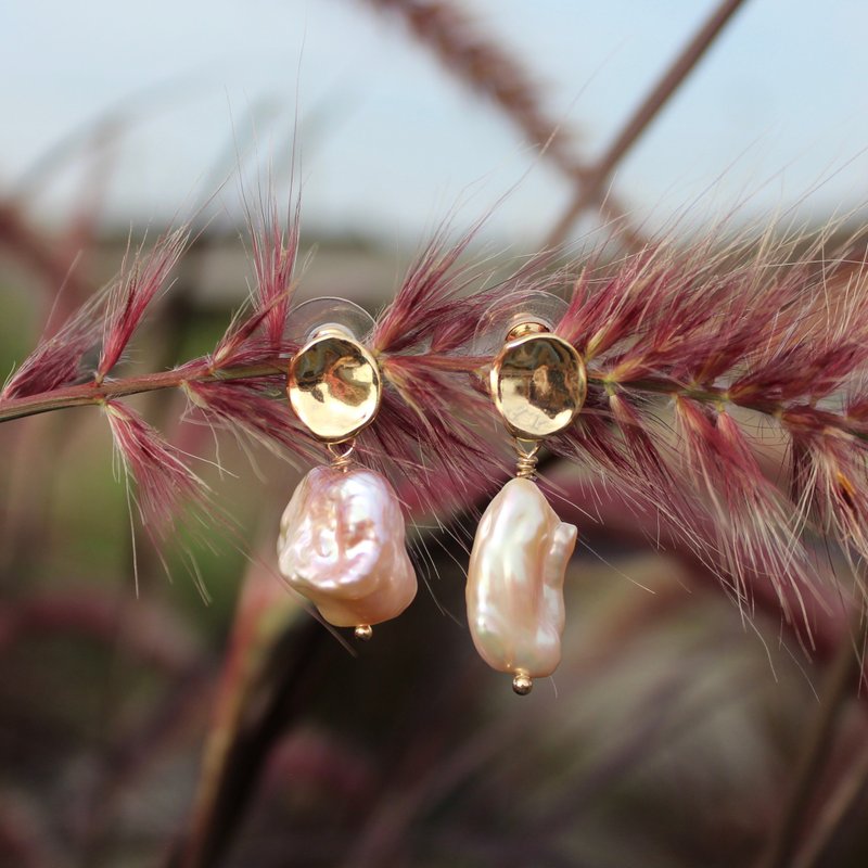 粉色柔和珍珠光 巴洛克珍珠 14k 包金耳环 / 耳夹 - 耳环/耳夹 - 珍珠 粉红色