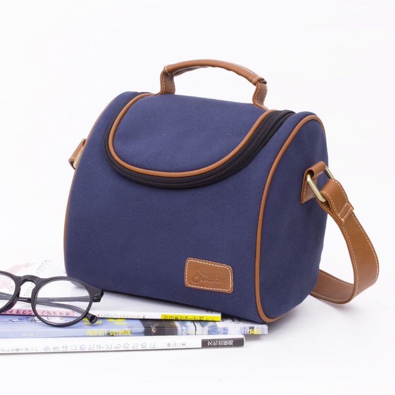 Classy Box - navy blue+brown tan(strap) - 侧背包/斜挎包 - 棉．麻 蓝色
