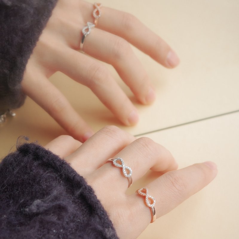 925纯银 满钻无限开口戒(银/玫瑰金) 两色 可调整尺寸  生日礼物 - 戒指 - 纯银 银色