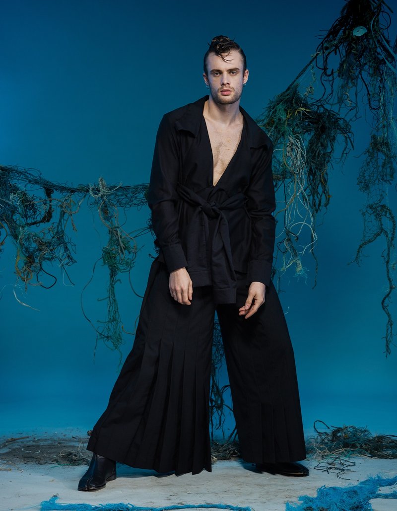 长袖衬衫/骑士领/绑带/23AW-INF - 男装衬衫 - 棉 黑色
