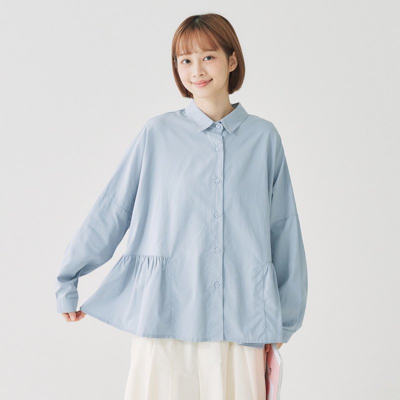 【Simply Yours】荷叶下摆长袖衬衫  蓝F - 女装上衣 - 棉．麻 蓝色