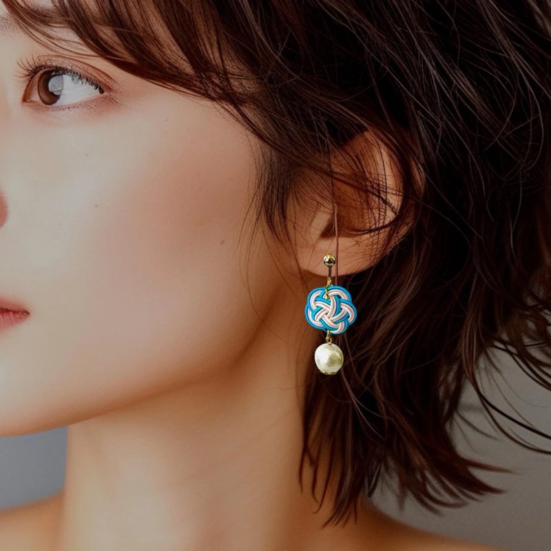 淡蓝粉色水引梅结耳环 搭配棉珍珠 日式优雅风格 - 耳环/耳夹 - 丝．绢 蓝色