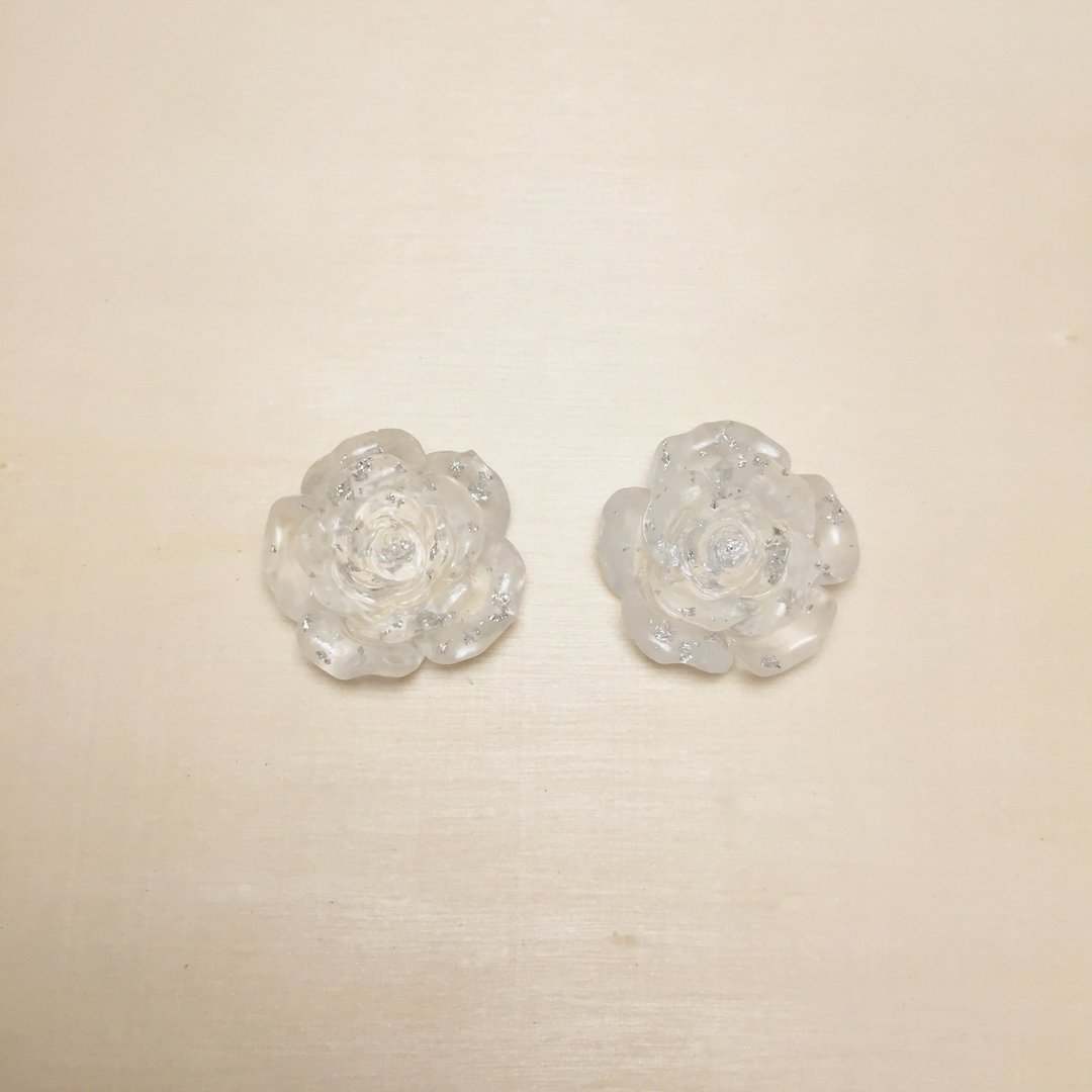 复古透明银箔玫瑰耳环耳夹 - 耳环/耳夹 - 树脂 透明