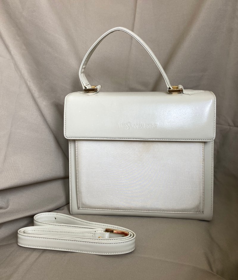 YSL 圣罗兰 白色真皮 斜纹布面 手提 附原厂肩背带 古董包 vintag - 手提包/手提袋 - 真皮 白色