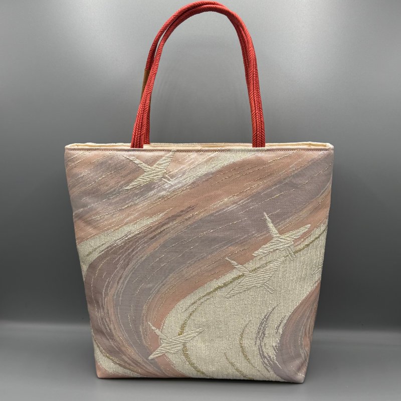 和服 腰带 腰带绳 手作 托特包 改造 银色 粉红 鹤 - 手提包/手提袋 - 丝．绢 粉红色