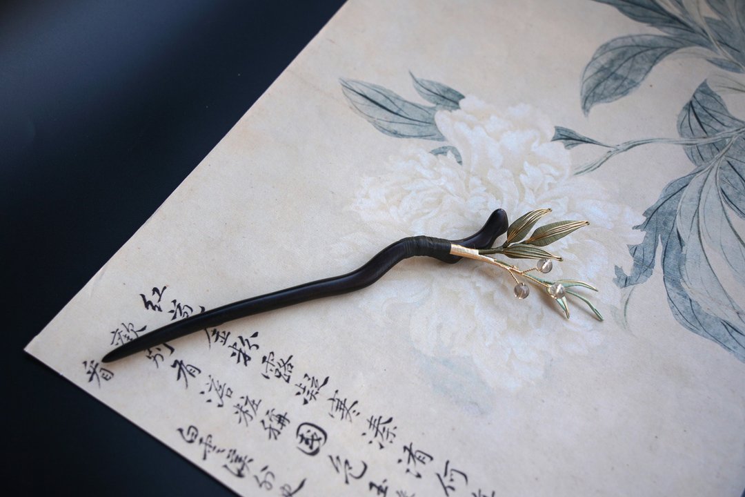 【烟云】天然石 春仔花 缠花 发簪 | 竹叶 茶晶 檀木 - 发饰 - 绣线 绿色
