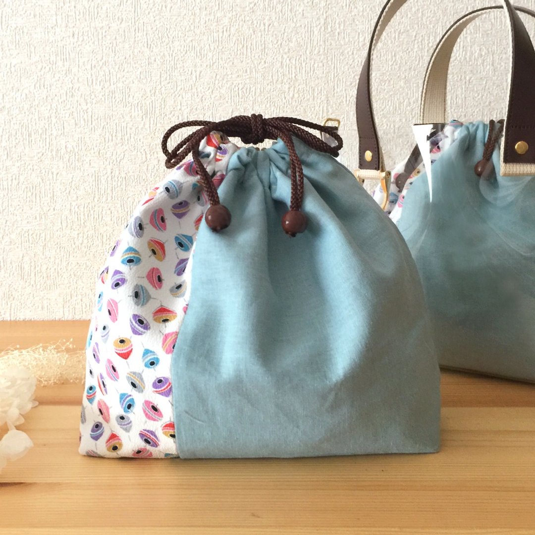 Drawstring Bag with Japanese pattern, Kimono and linen - for Clear Tote Bag - 化妆包/杂物包 - 棉 蓝色