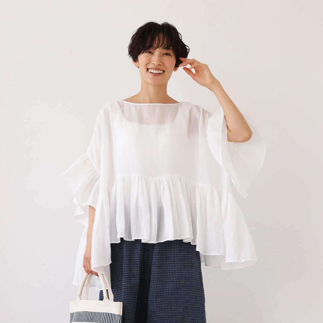 轻盈飘逸亚麻上衣│套头款│100% 亚麻│白色│250709-1 - 女装衬衫 - 棉 白色