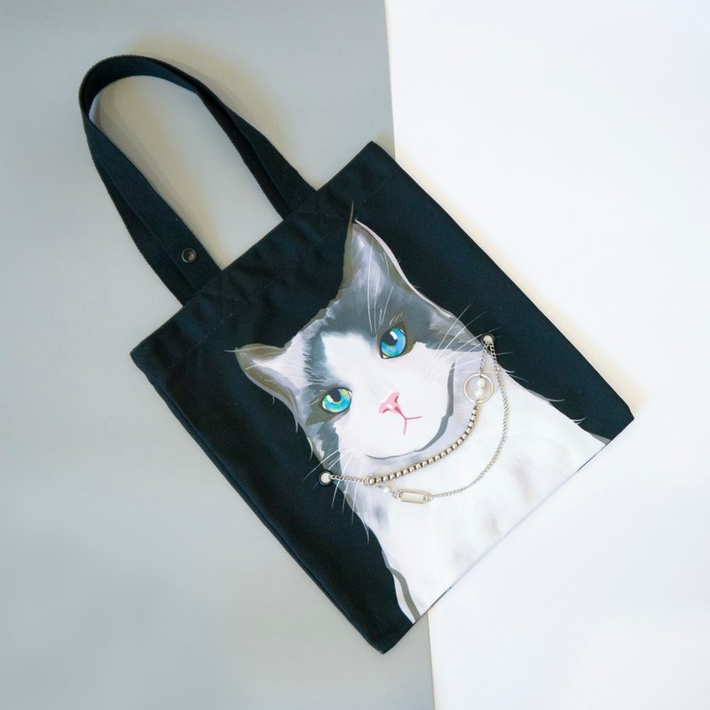 猫咪双面插画帆布包黑色-布偶猫(包链项链两用) - 手提包/手提袋 - 聚酯纤维 黑色