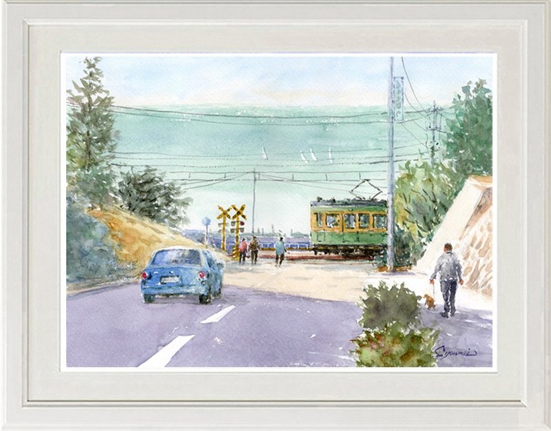原作水彩画：江之电铁、镰仓王子大饭店十字路口10 - 海报/装饰画/版画 - 纸 蓝色