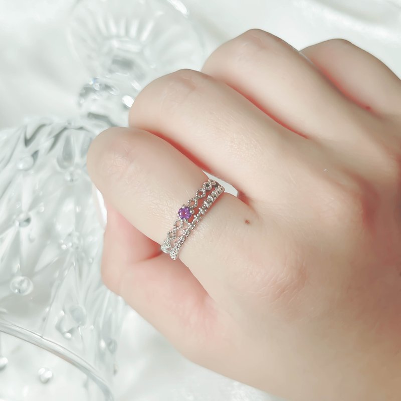 紫水晶925纯银蕾丝宝石戒指 可调式戒指 - 戒指 - 宝石 银色