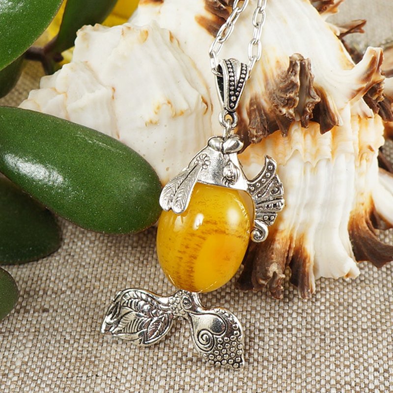 Honey Golden Yellow Agate Silver Fish Marine Pendant Necklace Woman Jewelry Gift - 项链 - 半宝石 黄色