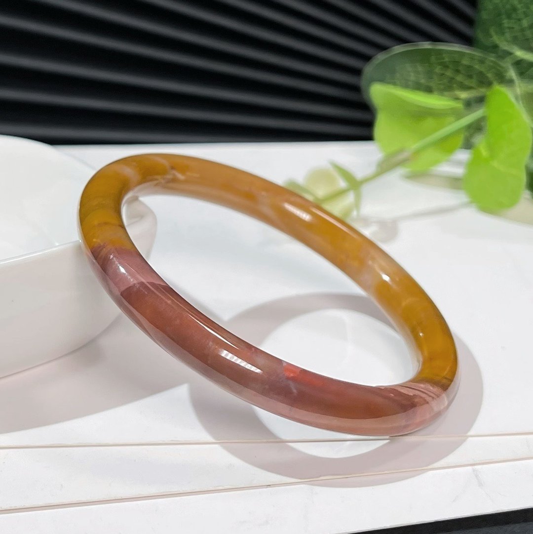 海洋碧玉手镯52MM 老矿玉化冰润双色千层纹玉髓手环 秋景油画风 - 手链/手环 - 半宝石 