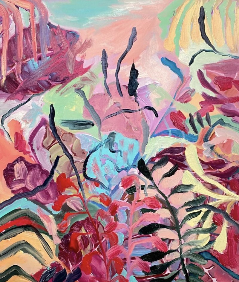 原画布面油画 抽象主义 抽象花卉 热带咖啡厅装饰 艺术 - 墙贴/壁贴 - 植物．花 粉红色