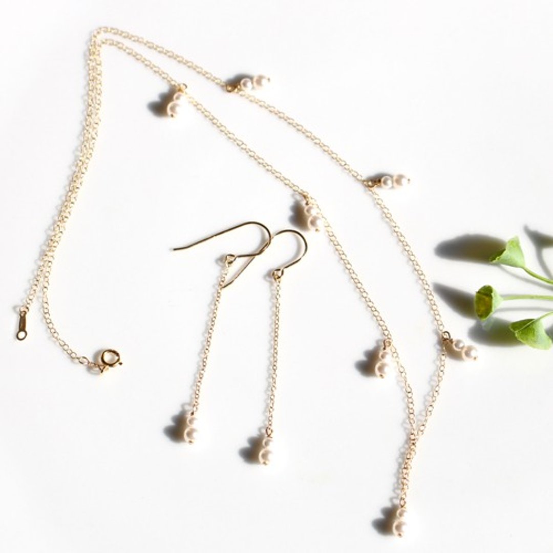 14kgf Swarovski Pearl Arrange Pretty Necklace / Earrings Set 4004 - 项链 - 其他金属 白色