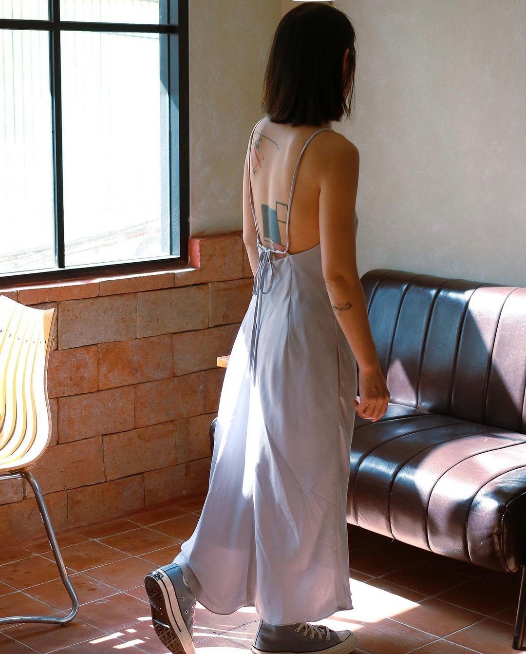 Apron backless dress - 洋装/连衣裙 - 棉 蓝色