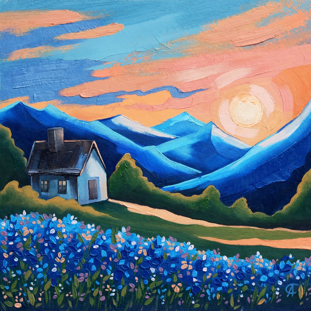 风景山油画乡村原创艺术夕阳艺术品乡村壁饰农场艺术 - 海报/装饰画/版画 - 其他材质 蓝色