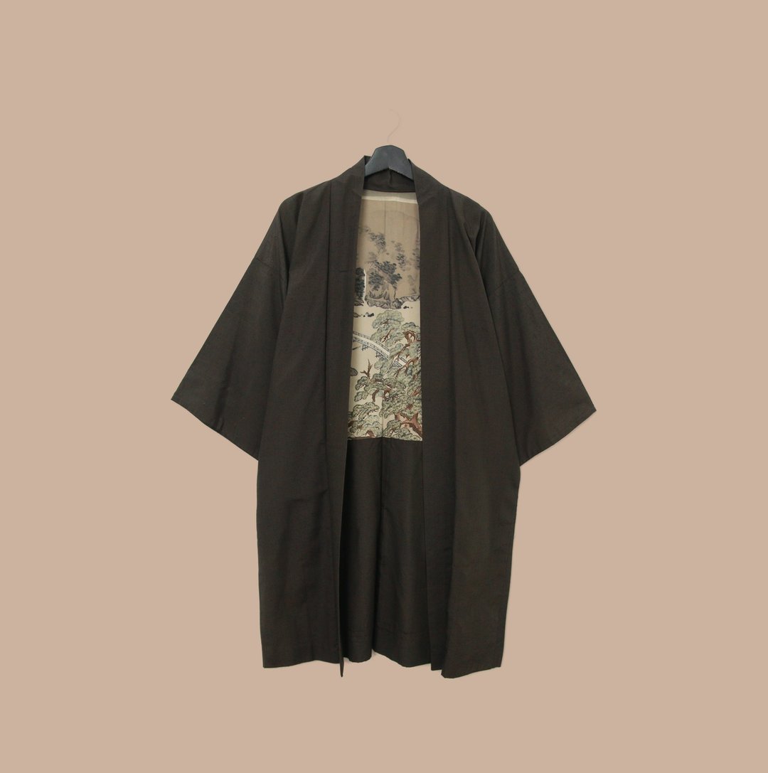 Back to Green-日本带回羽织 深山大桥 河川M-26/vintage kimono - 女装休闲/机能外套 - 丝．绢 