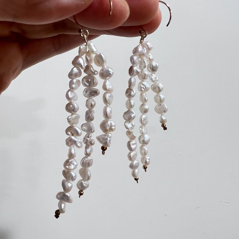 圣诞礼物 多串天然巴洛克珍珠垂坠耳环 - 耳环/耳夹 - 珍珠 银色