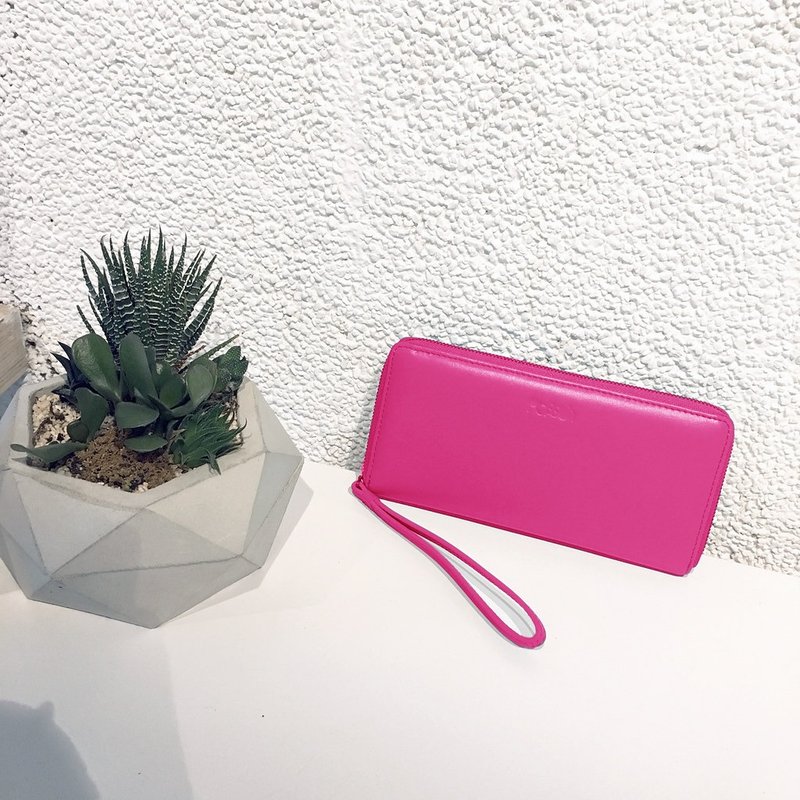 拉链长夹桃红色 - 皮夹/钱包 - 真皮 红色