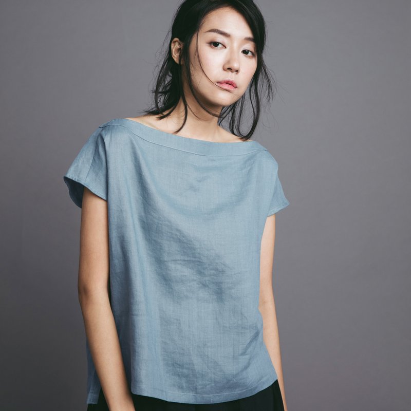 ㄧ字领上衣 - 亚麻粉蓝 - 女装上衣 - 棉．麻 蓝色