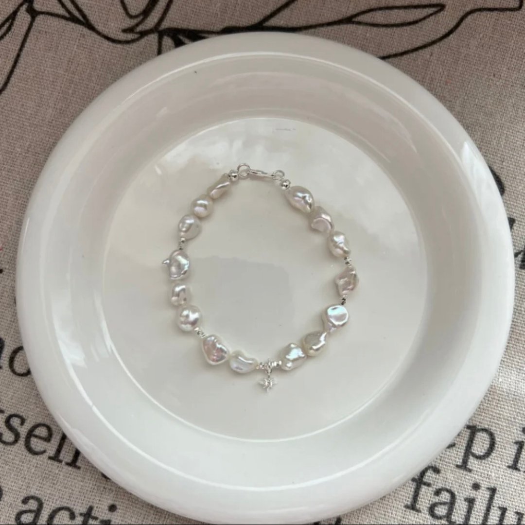 YuanPearl天然極光紫色白色巴洛克珍珠手鍊純銀手鍊 - 手链/手环 - 珍珠 白色