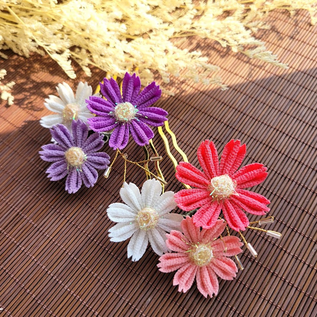 【つまみ细工】波斯菊渐层色发梳|日式布花|和风配饰 - 发饰 - 其他人造纤维 紫色