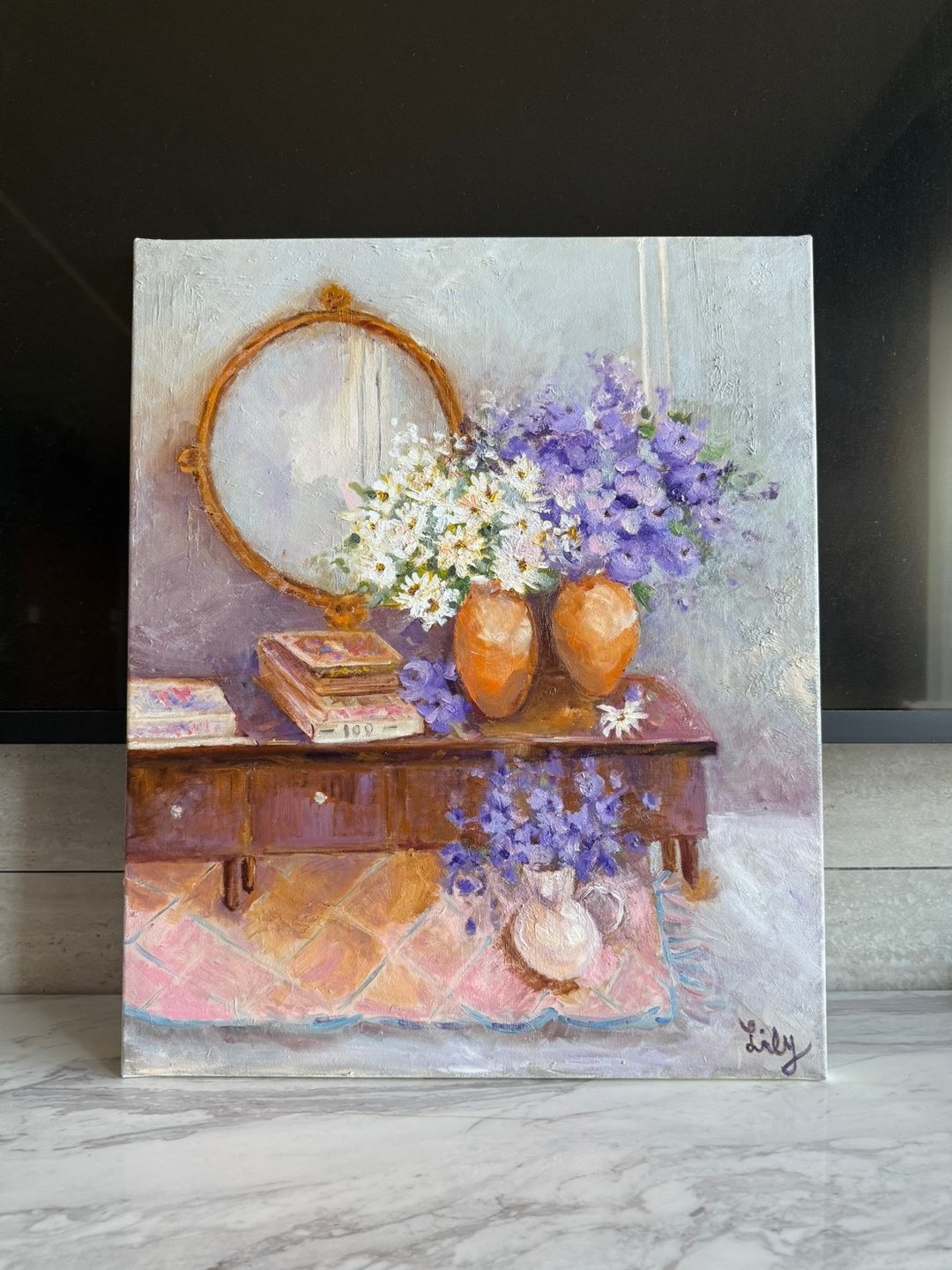 花影书香 - 复古花桌静物油画 手绘原作 中型作品 - 海报/装饰画/版画 - 棉 