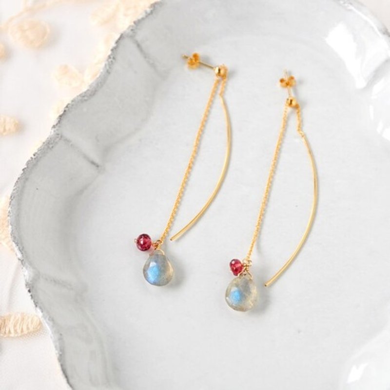 14kgf/labradorite x rhodolite garnet through post earrings - 耳环/耳夹 - 宝石 