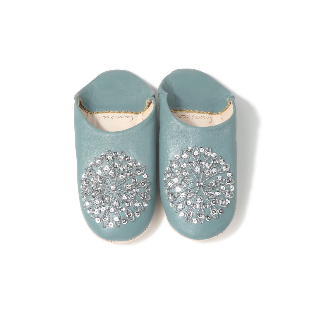 Aquagreen / silver / moroccan Leather babouche Slippers / High quality odourless - 室内拖鞋 - 真皮 绿色