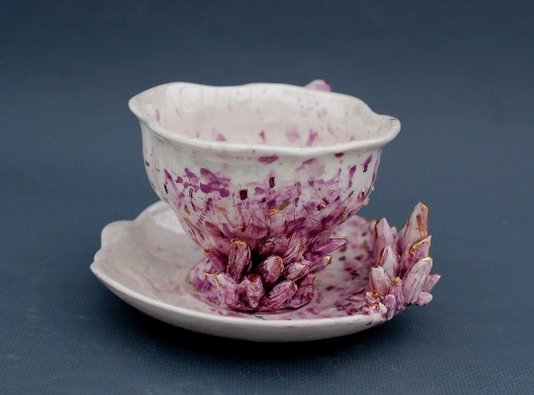 Geode Tea cup and saucer set Amethyst Crystal Porcelain tea coffee set - 茶具/茶杯 - 瓷 紫色