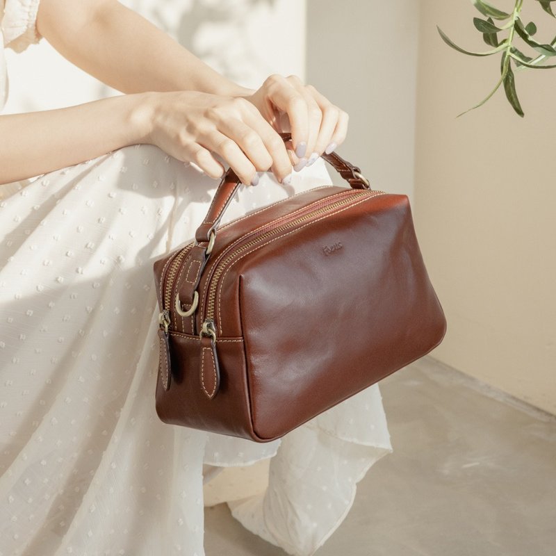 真皮双拉链手提方包/侧背/斜背包/意大利植鞣革/真皮手工包 - 手提包/手提袋 - 真皮 