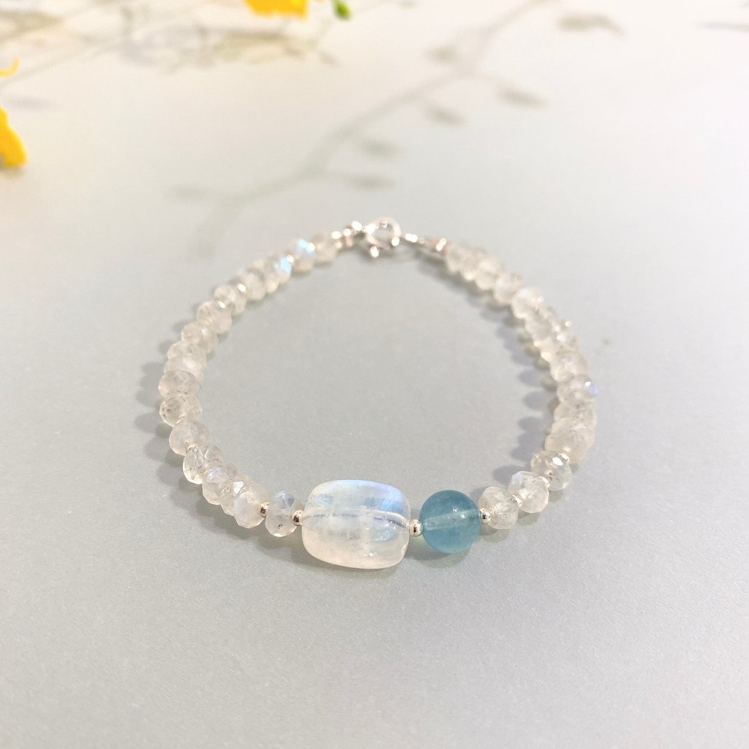 Ops silver bracelet -海水蓝宝/原矿/蓝光月光石/诞生石/限定 - 手链/手环 - 宝石 透明
