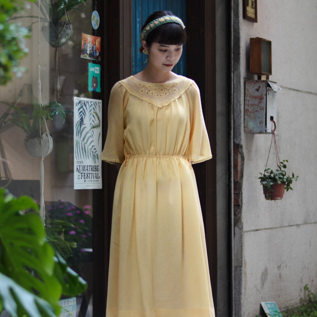 蛋黄蕾丝 |  日本古着短袖洋服 - 洋装/连衣裙 - 其他材质 