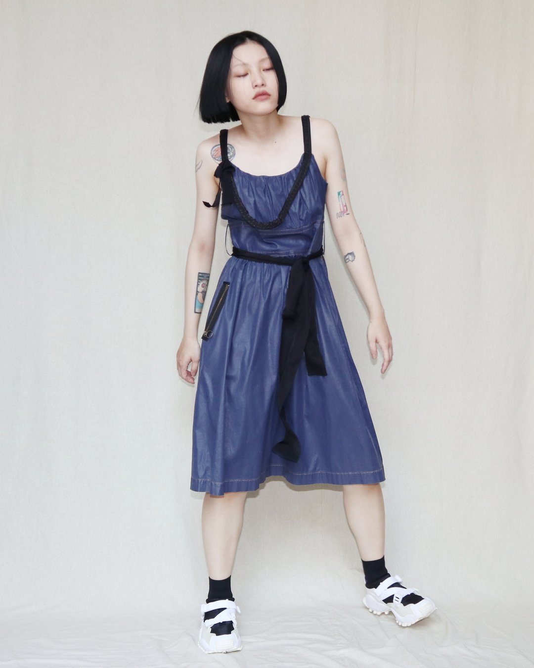 南瓜Vintage。LANVIN en Bleu 蓝色 丝带链 及膝 绑带 洋装 - 洋装/连衣裙 - 棉 蓝色